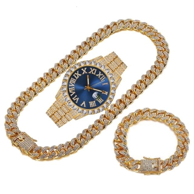 Men's Gold Iced-Out Cuban Chain Watch Bracelet Necklace Set