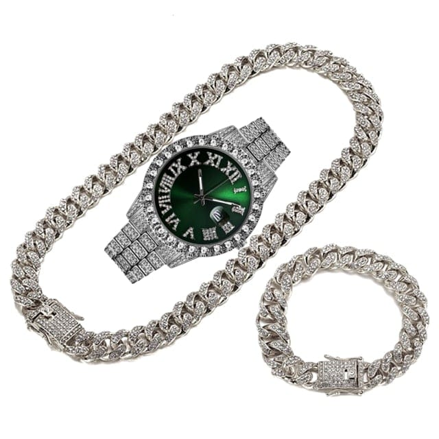 Men's Gold Iced-Out Cuban Chain Watch Bracelet Necklace Set