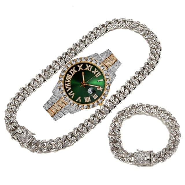 Men's Gold Iced-Out Cuban Chain Watch Bracelet Necklace Set