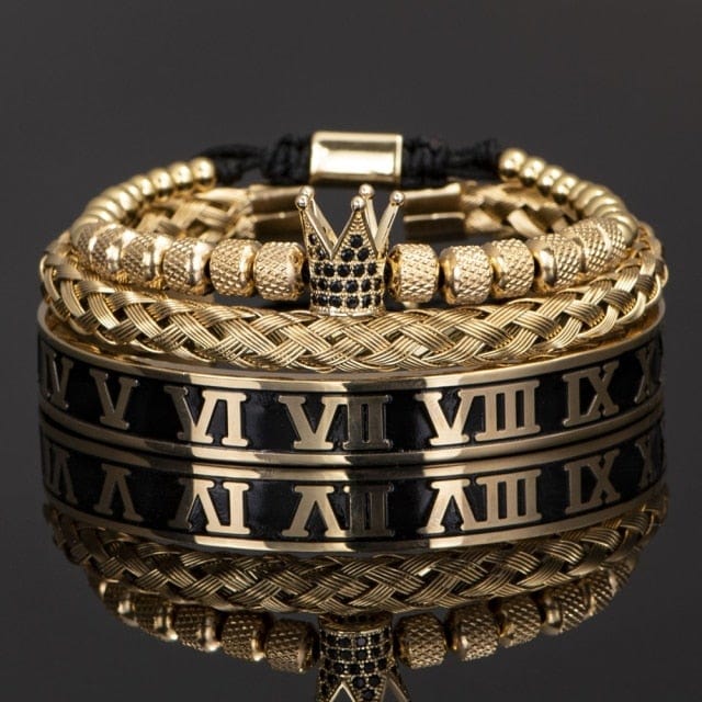 Men's crown roman numeral bangle gold set colorway