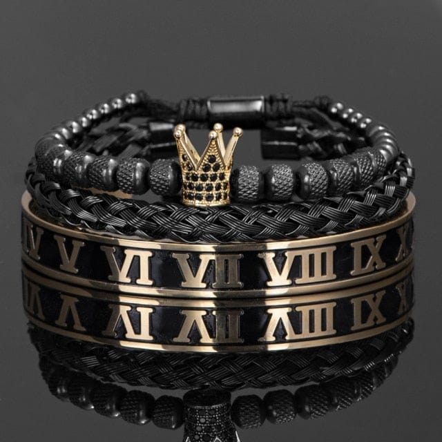 Men's Crown Enamel Roman Numeral Stainless Steel CZ Open Bangle