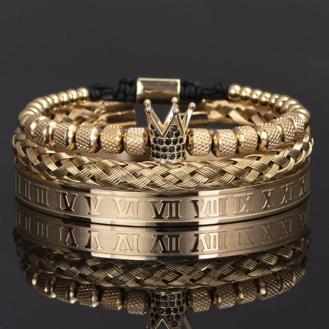 Men's Crown Enamel Roman Numeral Stainless Steel CZ Open Bangle