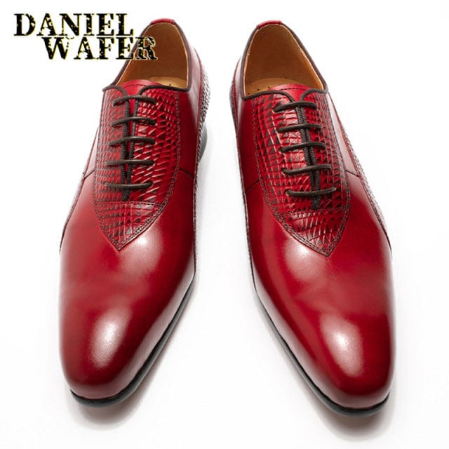 Men's Italian Red Black Hand-Polished Pointed Toe Oxford Dress Shoes