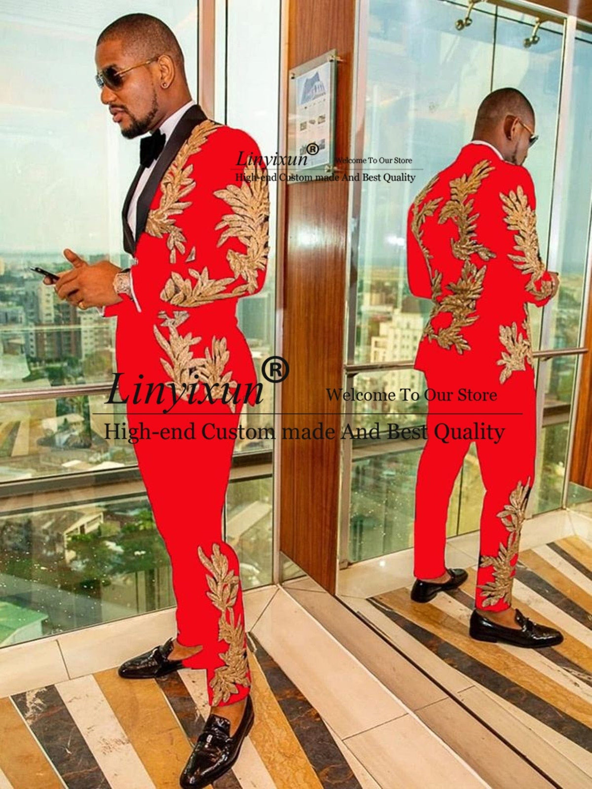 Smoking de mariage rouge à appliqués dorés, blazer masculin deux pièces avec veste et pantalon, costume formel pour homme, de bal ou de soirée