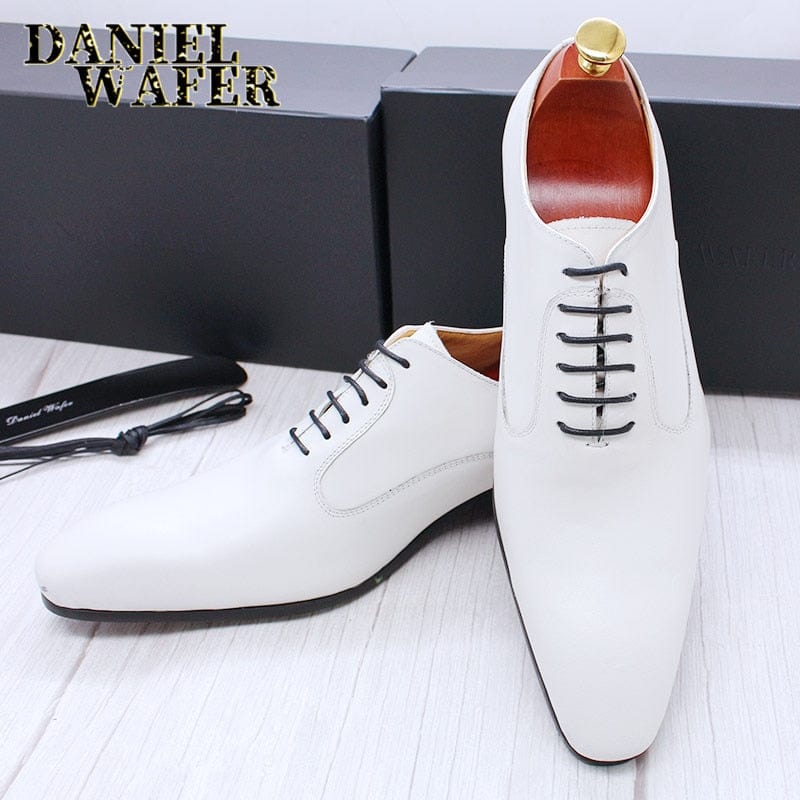 Men's Leather Pointed Oxford Dress Shoes White Black Brown
