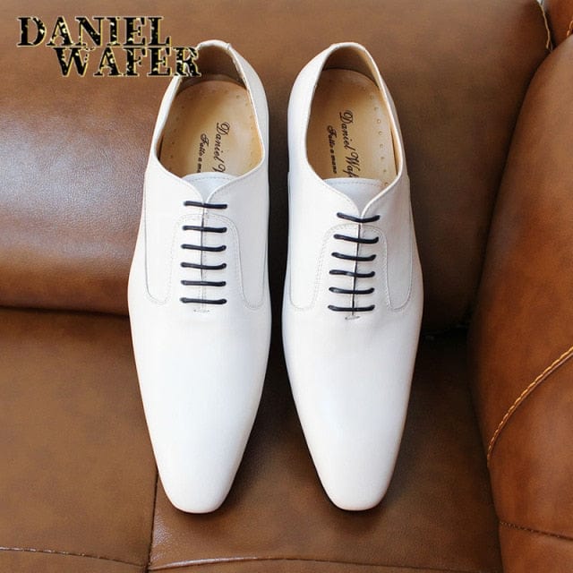 Men's Leather Pointed Oxford Dress Shoes White Black Brown