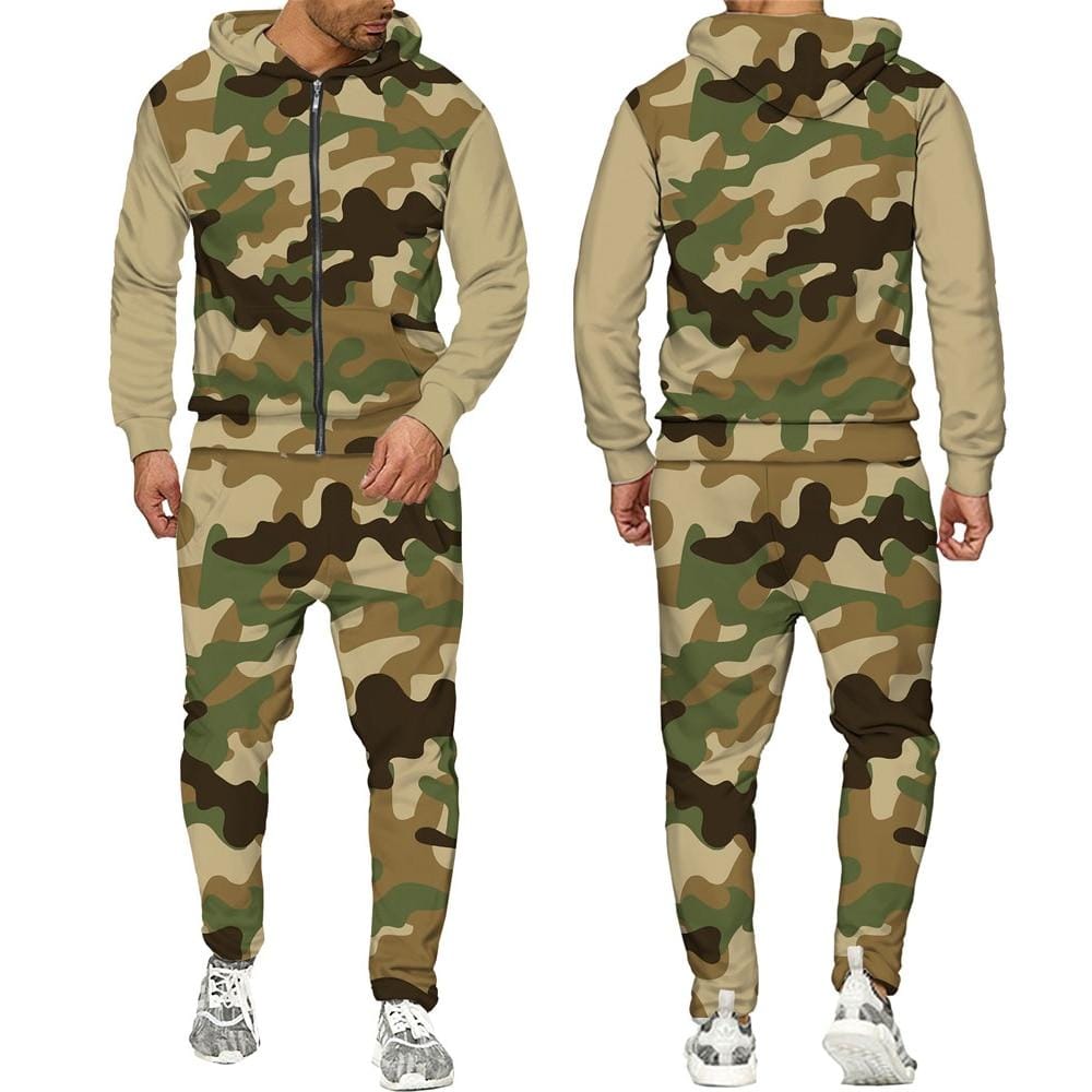 Men's Camouflage Zipper Hoodie Tracksuit Set