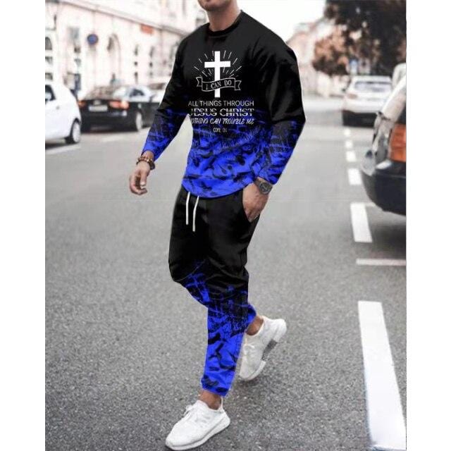 Spring Autumn Two-Piece Men Sport Suit T-Shirt Men's Fashion Print Hip Hop Streetwear Leisure Men's Sportswear2021 Casual New