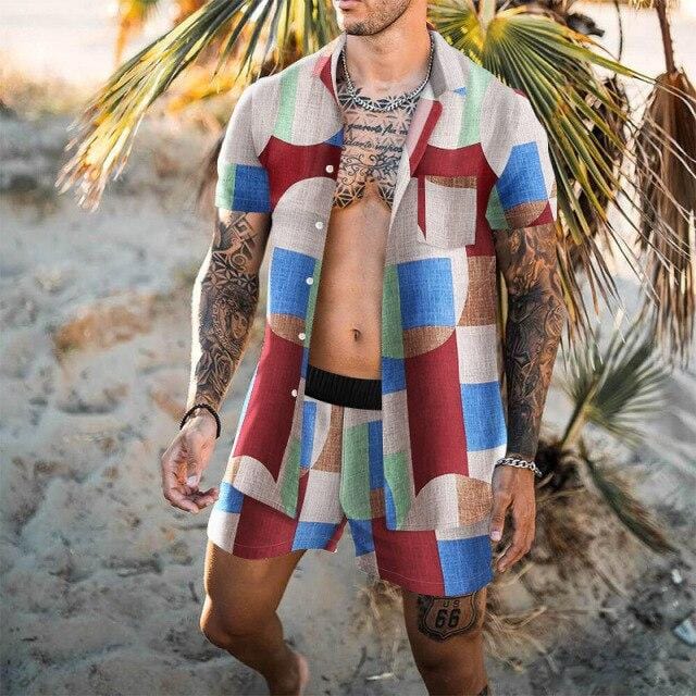 Men's Hawaiian Geometric Print Shirt and Beach Shorts Two-Piece