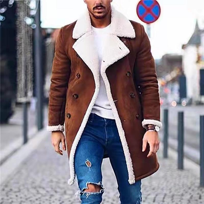 Men's Faux Leather Fleece Hooded Long Winter Overcoat