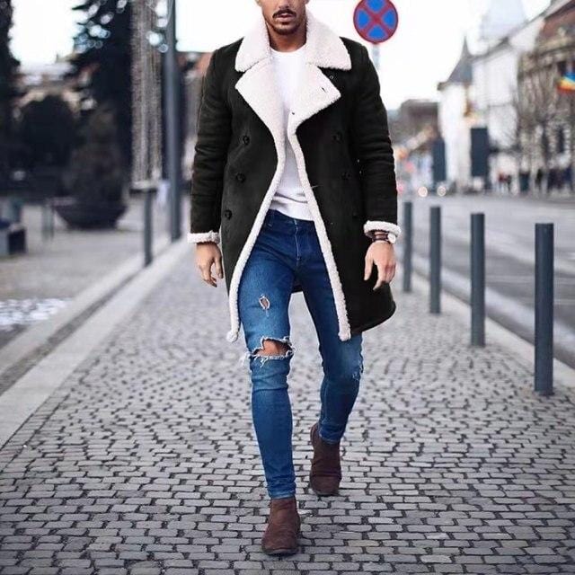 Men's Faux Leather Fleece Hooded Long Winter Overcoat