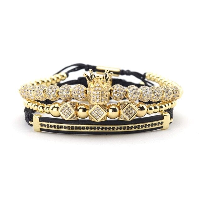 Men's 3-Piece Gold CZ Crown Stainless Steel Bead Bracelet Stack