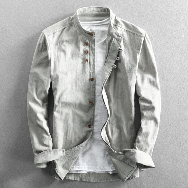 Cămăși casual pentru bărbați, primăvară, toamnă, stil vintage japonez, lenjerie premium, guler stand, slim fit, cu un singur piept.