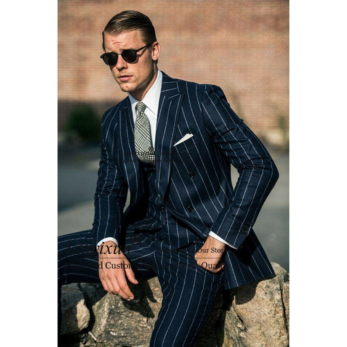 Marineblauer Slim-Fit-Herrenanzug mit breitem Revers, formeller Businessanzug, zweireihiges Sakko, 3-teilig, Hochzeitsanzug für den Bräutigam