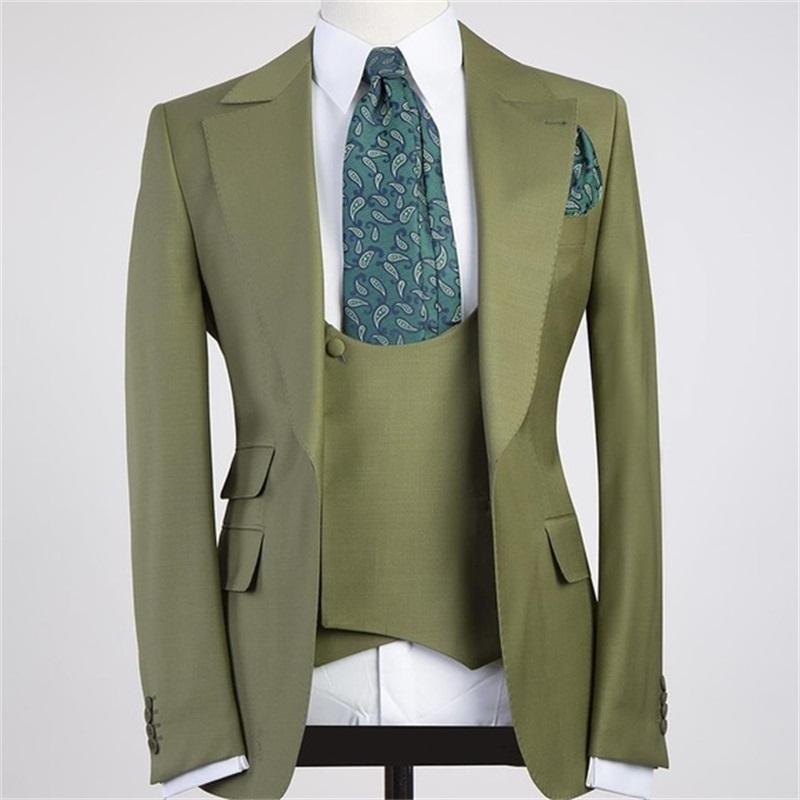 Men's Green Peak Lapel One-Button 3-Piece Slim Fit Suit