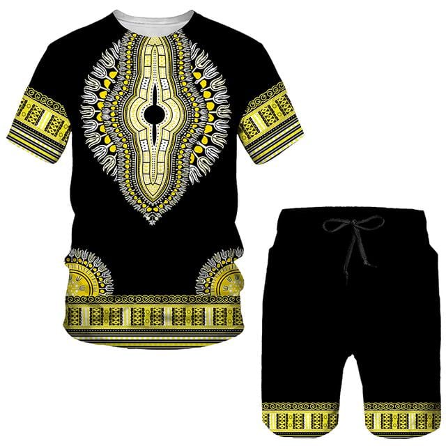 Unisex 3D African Print T-Shirt and Shorts Tracksuit Set, Summer