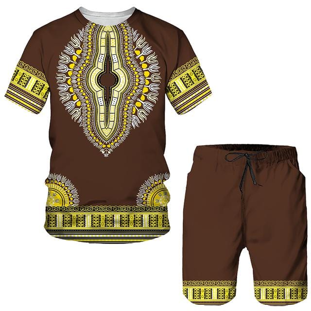 Unisex 3D African Print T-Shirt and Shorts Tracksuit Set, Summer