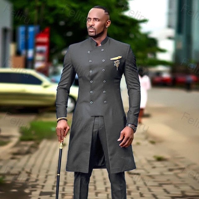 Men's Dark Grey Slim Fit Double-Breasted Wedding Tuxedo Suit