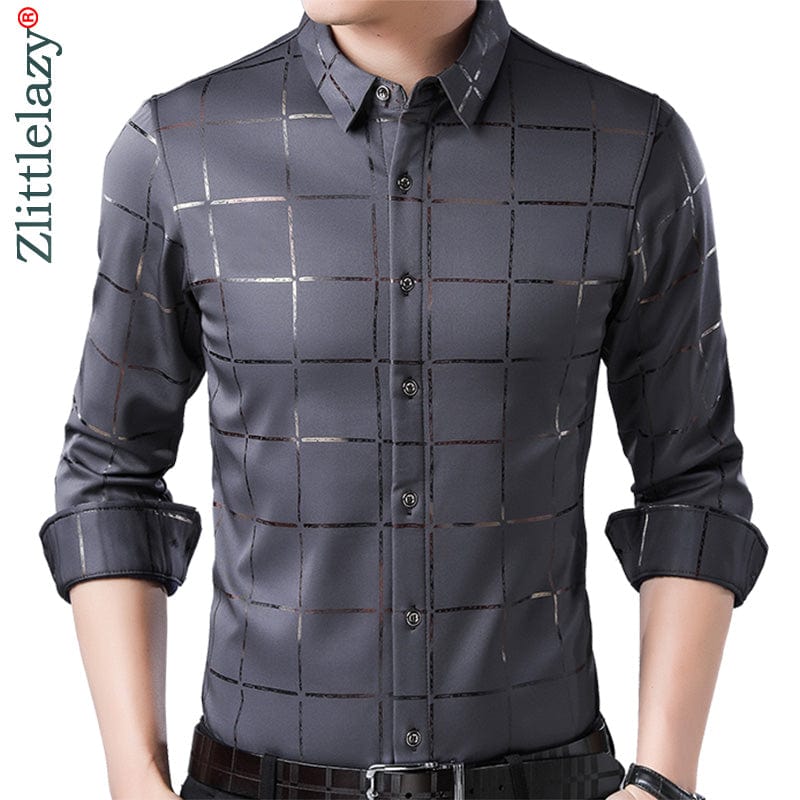 Men's Plaid Slim Fit Long Sleeve Social Dress Shirt
