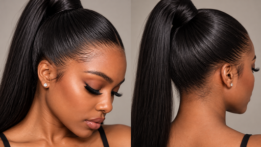 Woman in a high ponytail showing a 360 lace frontal human hair wig hairline