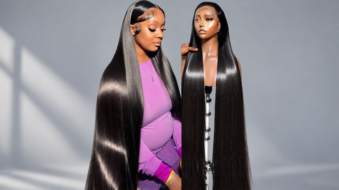 Full bone straight human hair lace front wig showing high density volume