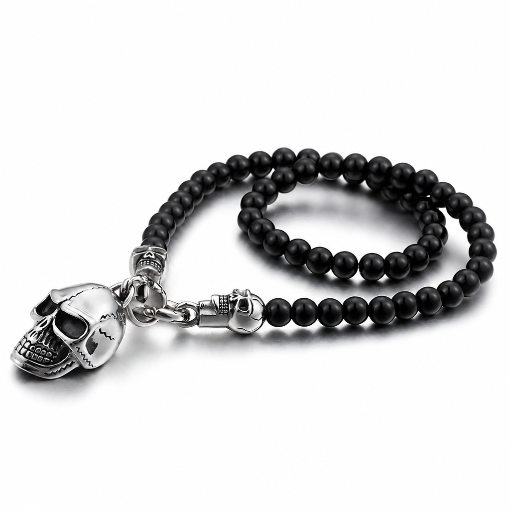 Men's beaded chain necklace stainless steel skull pendant