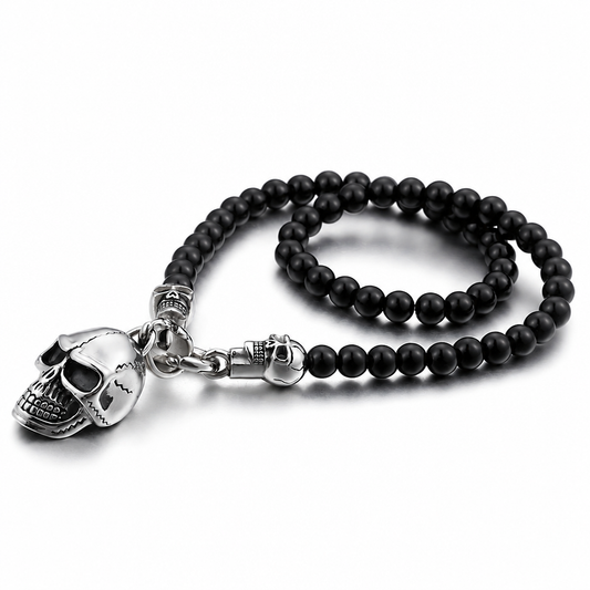 Men's beaded chain necklace stainless steel skull pendant