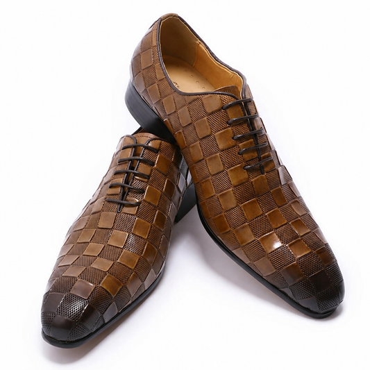 Men's Italian leather plaid lace-up oxford dress shoes