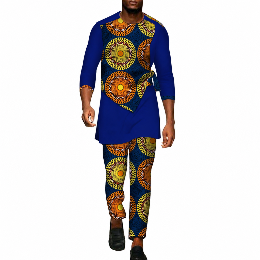 Men's African dashiki shirt and pants 2-piece set blue yellow