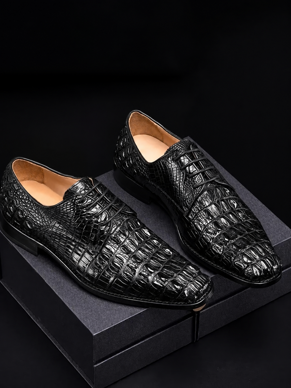 Men's crocodile leather pointed toe derby dress shoes black on box