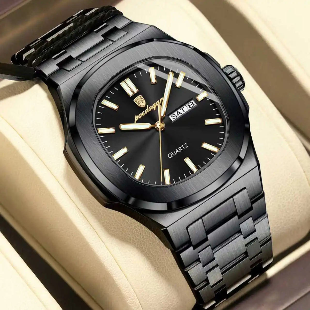 Men's black square stainless steel date week quartz wristwatch clean product photo