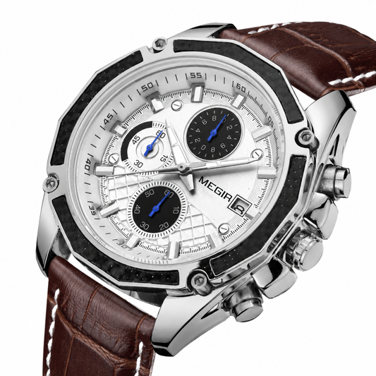 Men's genuine leather chronograph quartz watch silver brown strap