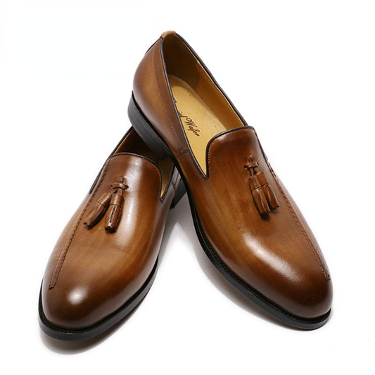Men's brown tassel leather dress loafers clean product photo