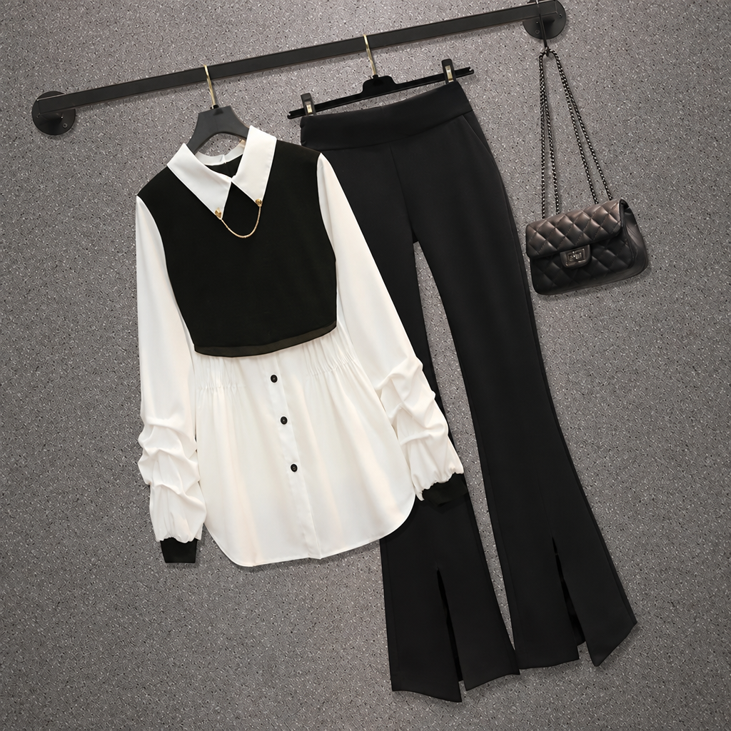 Women's pleated chiffon shirt and flared pants two-piece set