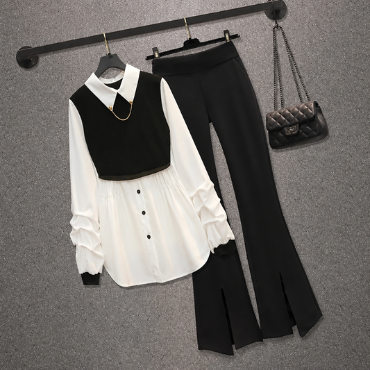 Women's pleated chiffon shirt and flared pants two-piece set