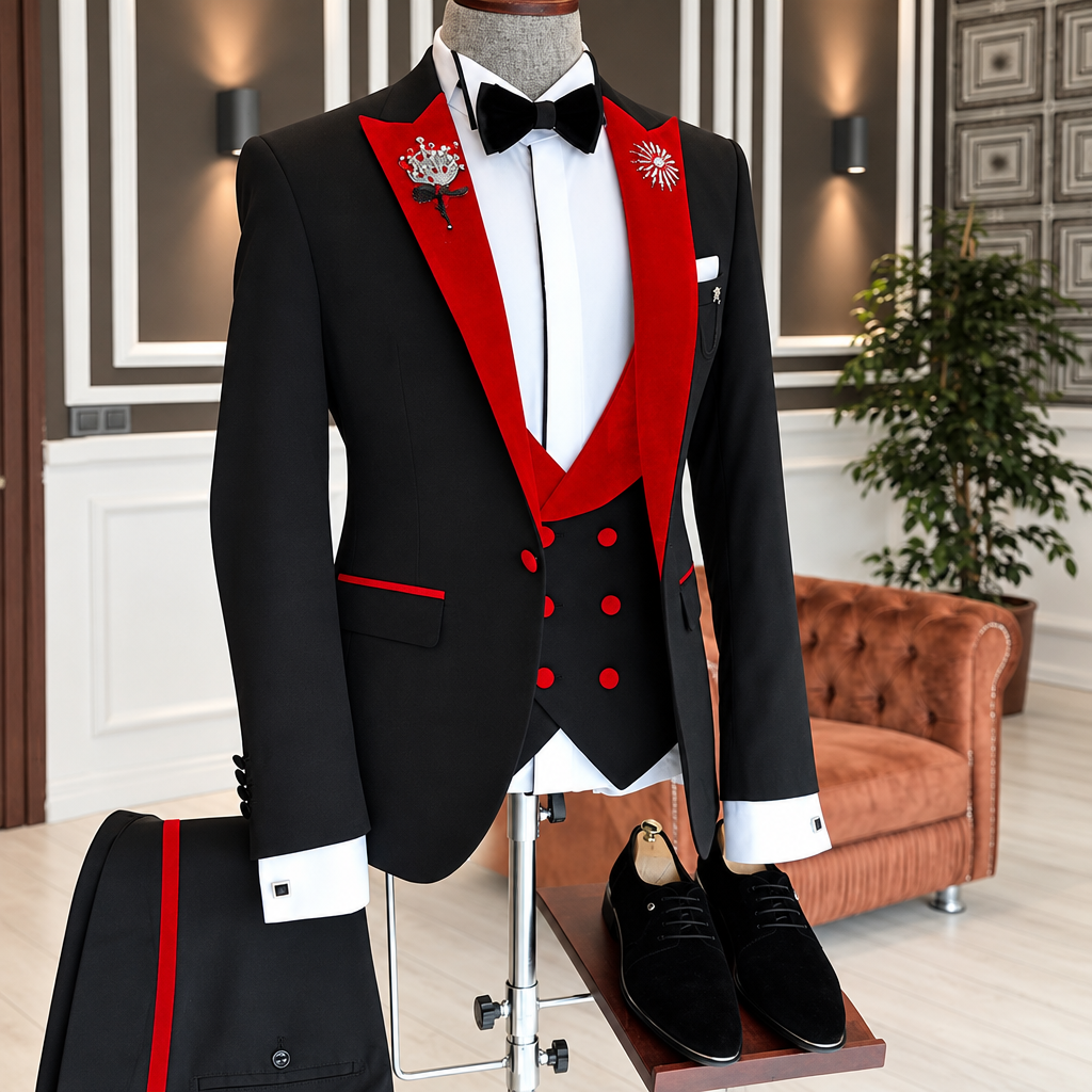 Men's 3-piece black velvet tuxedo with red lapels wedding suit