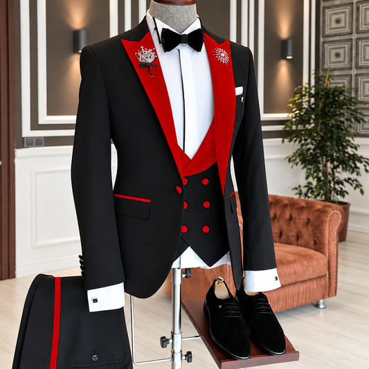 Men's 3-piece black velvet tuxedo with red lapels wedding suit