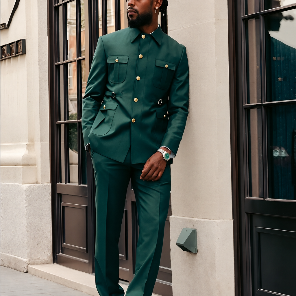 Men's dark green slim fit stand collar wedding tuxedo set