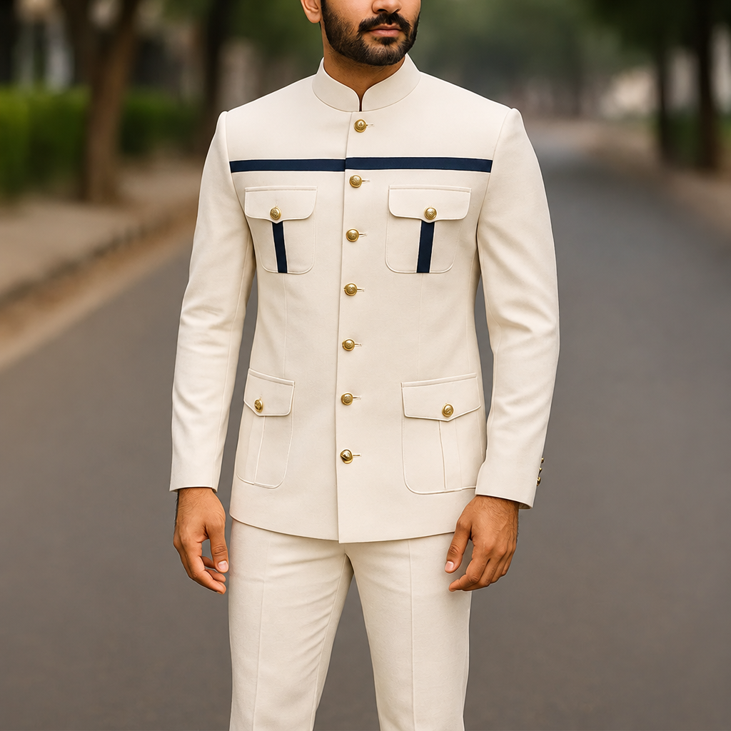 Men's ivory formal safari 2-piece wedding jacket pants set