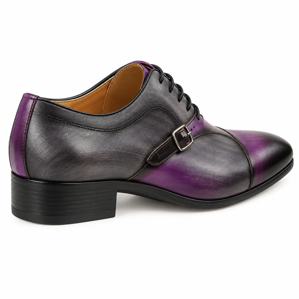 Oxford side buckle dress shoe heel view