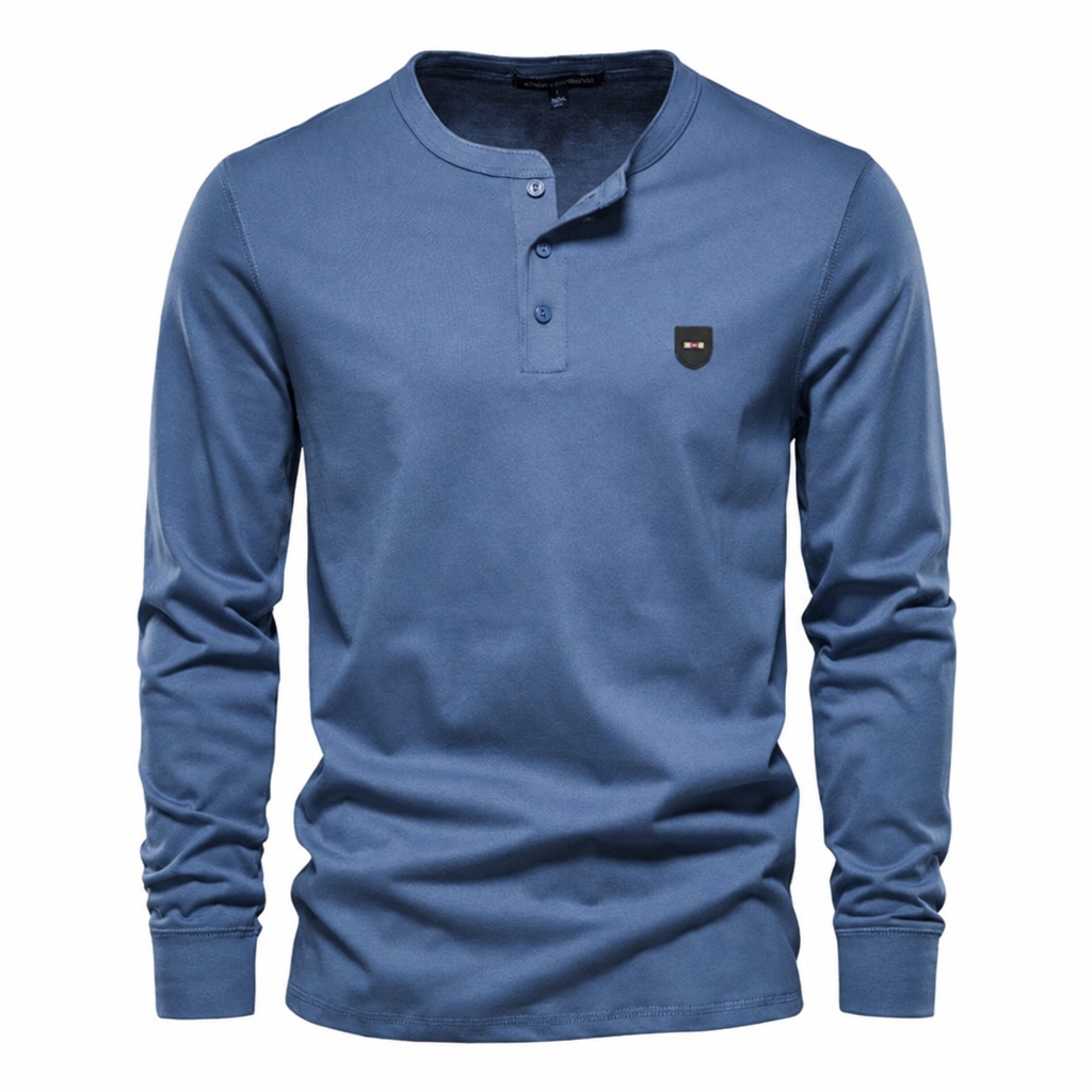 Men's classic long sleeve business leisure t-shirt blue henley