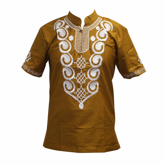 Men's embroidered dashiki top traditional Mali vintage style mustard