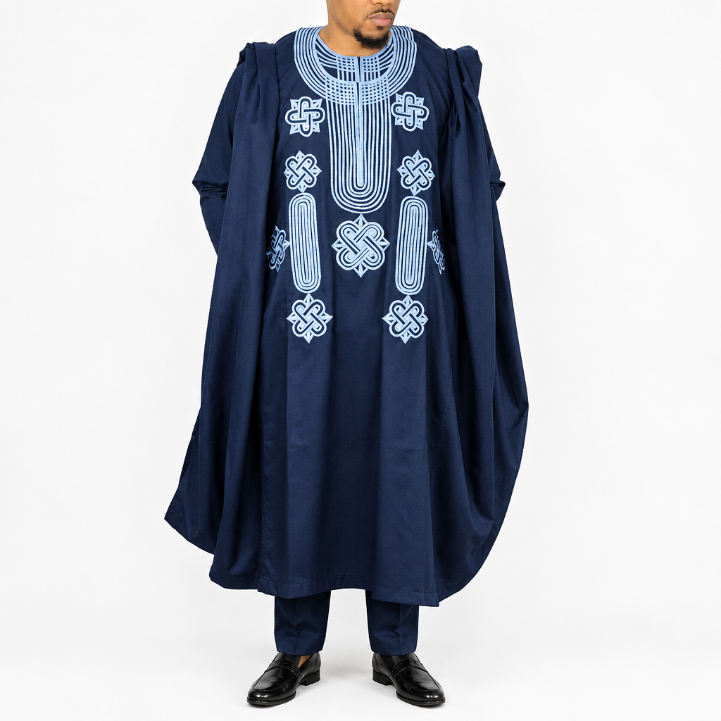 Men's embroidered Agbada robe set traditional African suit navy