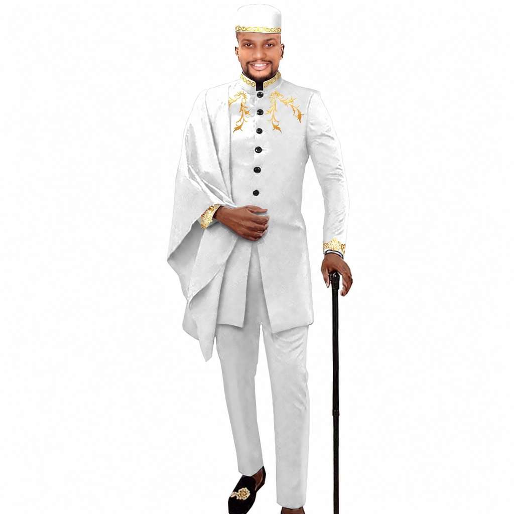 Men's 3-piece white embroidered African Ankara suit with hat