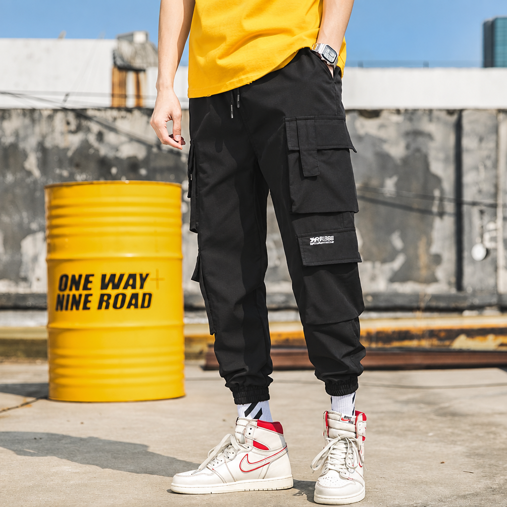 Men's black embroidery cargo joggers with pockets