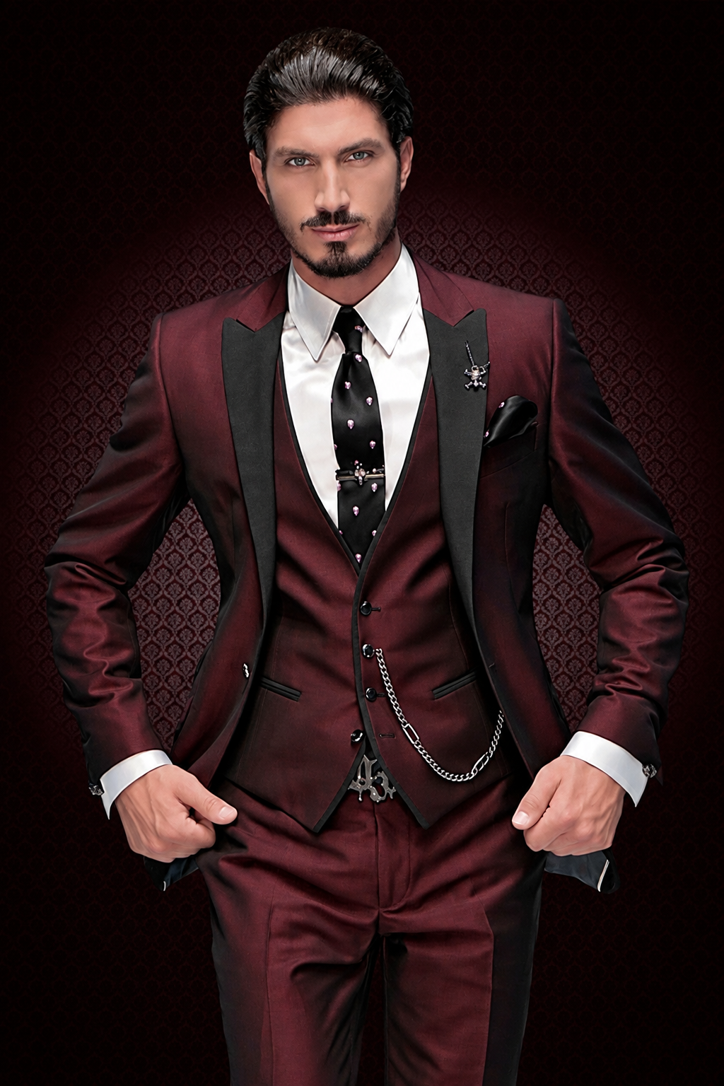 Men's groomsmen tuxedo peak lapel 3-piece wedding suit burgundy