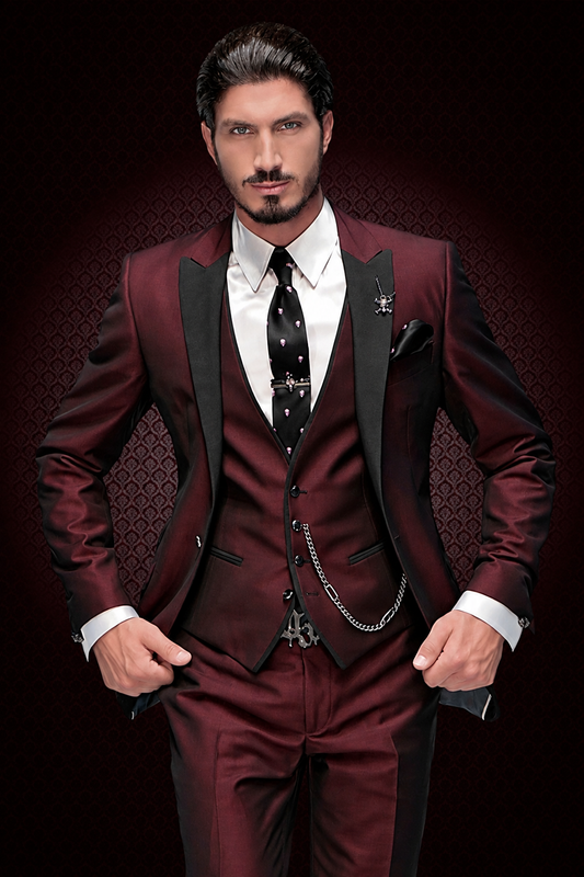 Men's groomsmen tuxedo peak lapel 3-piece wedding suit burgundy