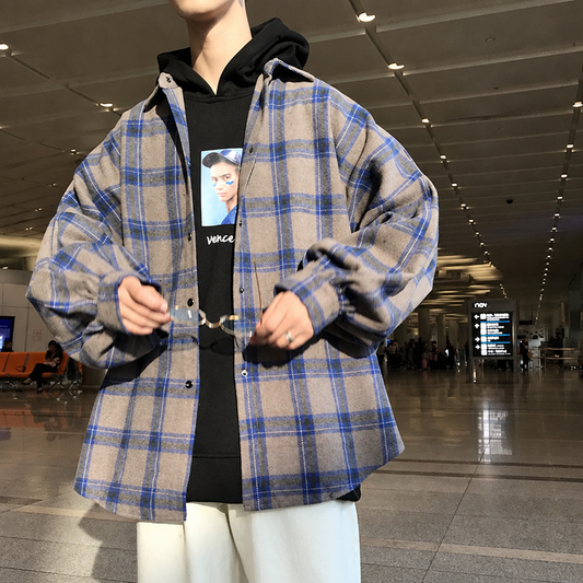 Men's color block plaid shirt harajuku streetwear long sleeve