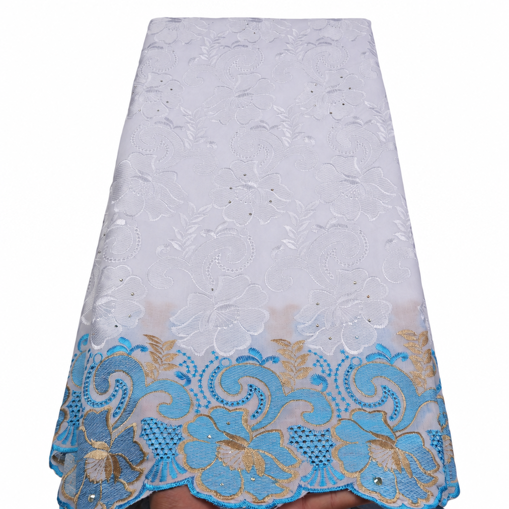 African lace fabric Swiss voile with stones white blue gold