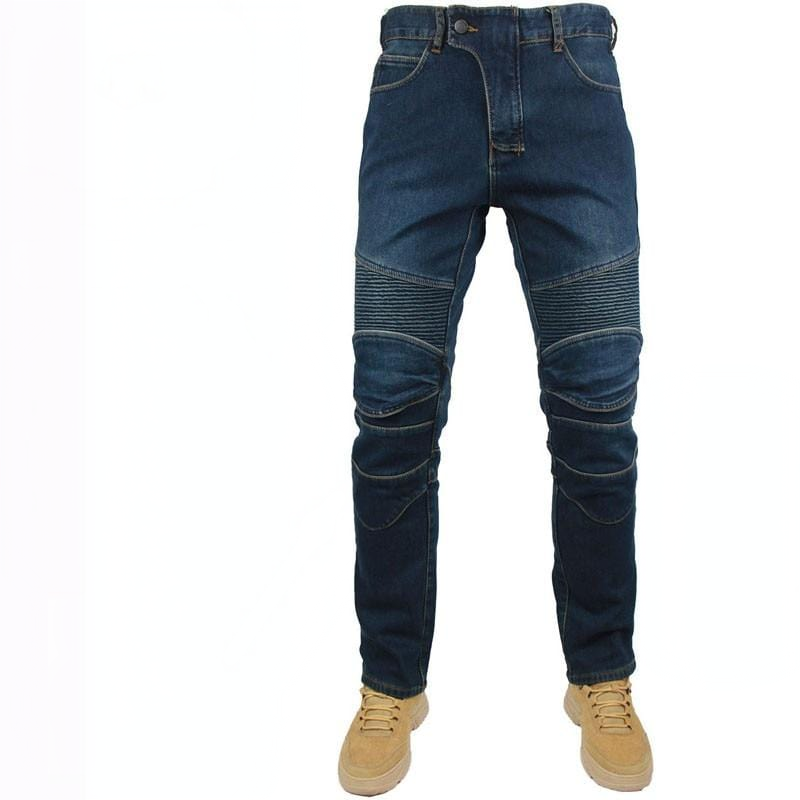 Men's winter stretch moto rider denim jeans blue clean product photo